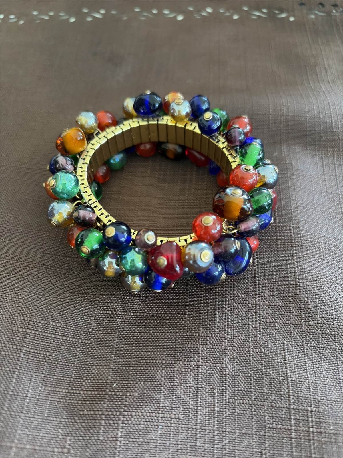Vintage Multi-Color, Glass Bead Expansion Band Gold-Tone Bracelet