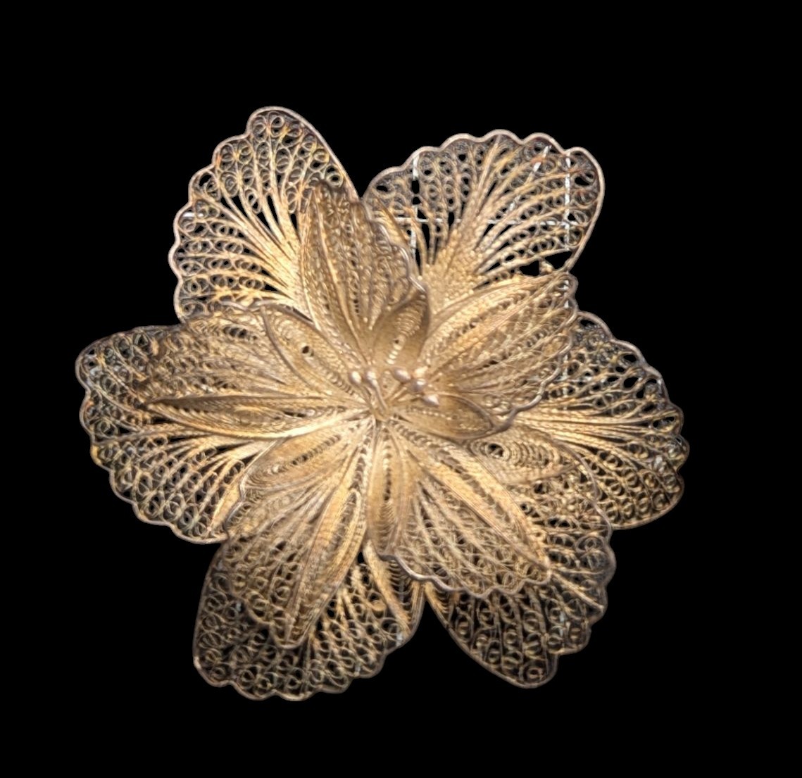 Vintage Silver Cannetille Filigree Layered Flower Brooch Pin C Clasp