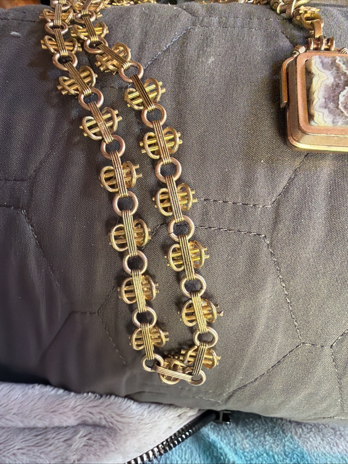Victorian Lovely 59g Gold Fill Book Link Necklace GF Agate Bloodstone Locket Fob