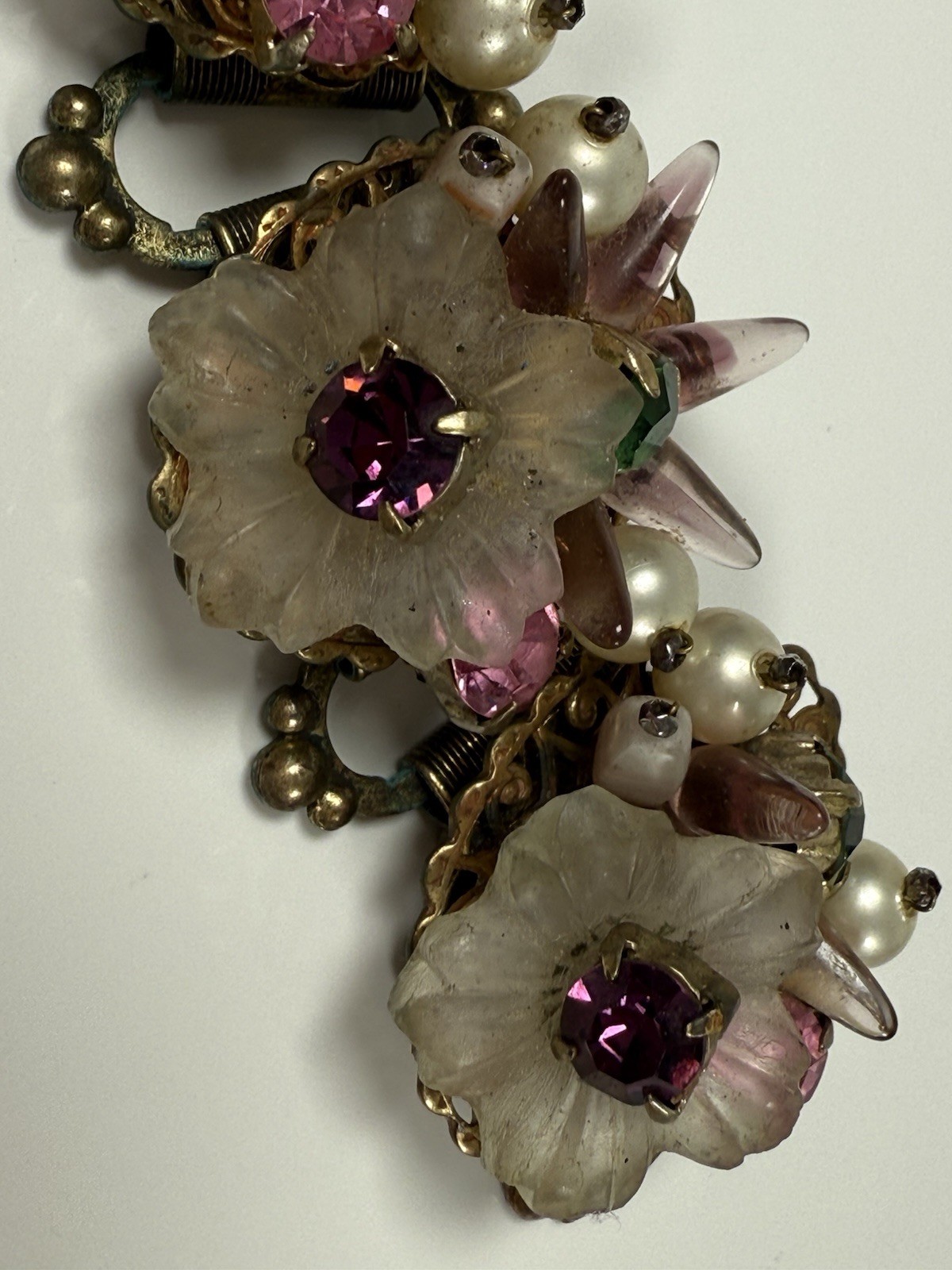 Antique Flower Glass Beaded Rhinestone Panel Bracelet 7″ Chunky 3D Book Chain