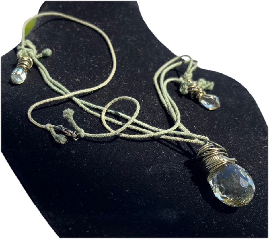 26” Long Acrylic Crystal On Sage Green Cord Boho Hippie Layering Festivals
