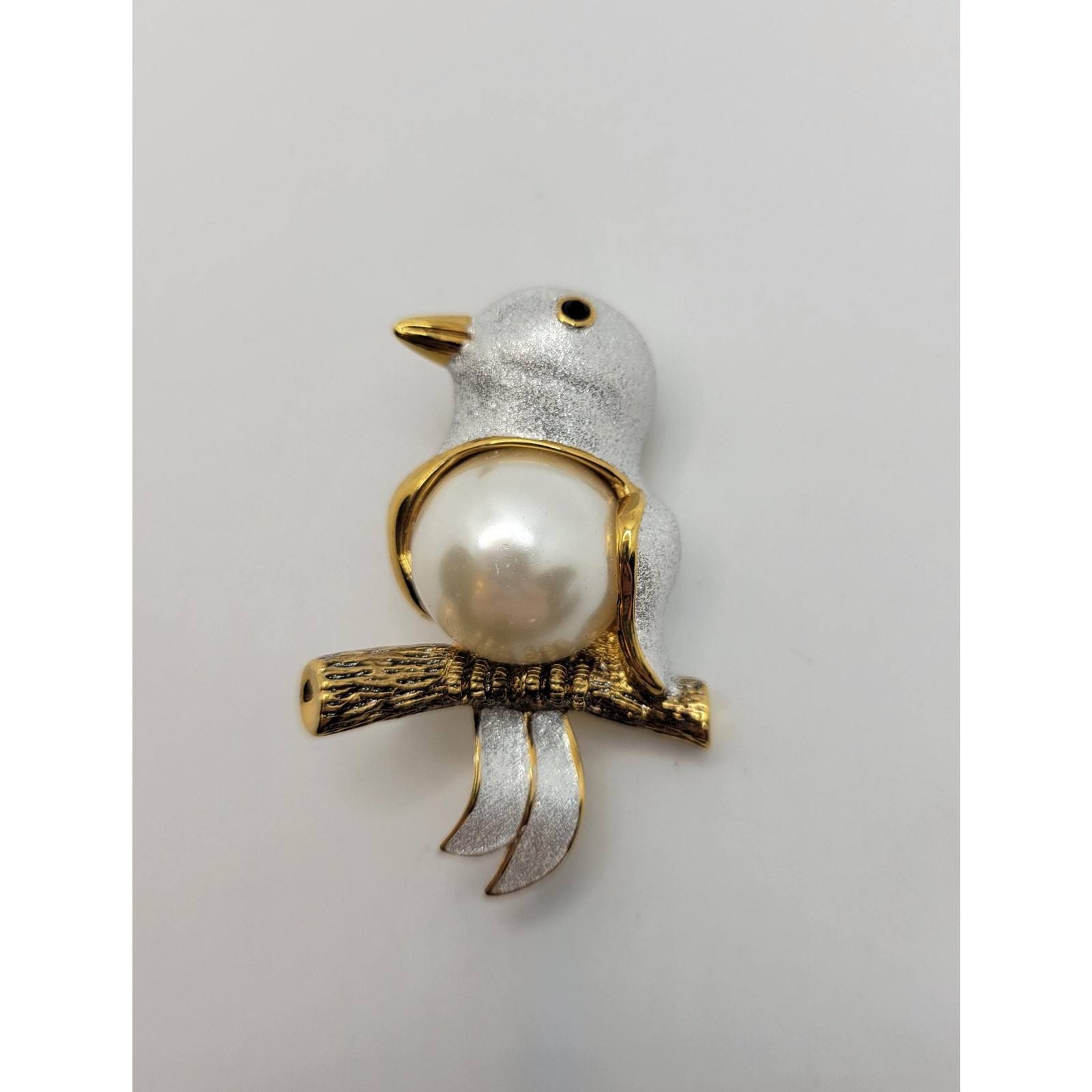 Vintage Butler Style Bird Pin Faux Pearl Belly Cabochon Figural 1980s Brooch
