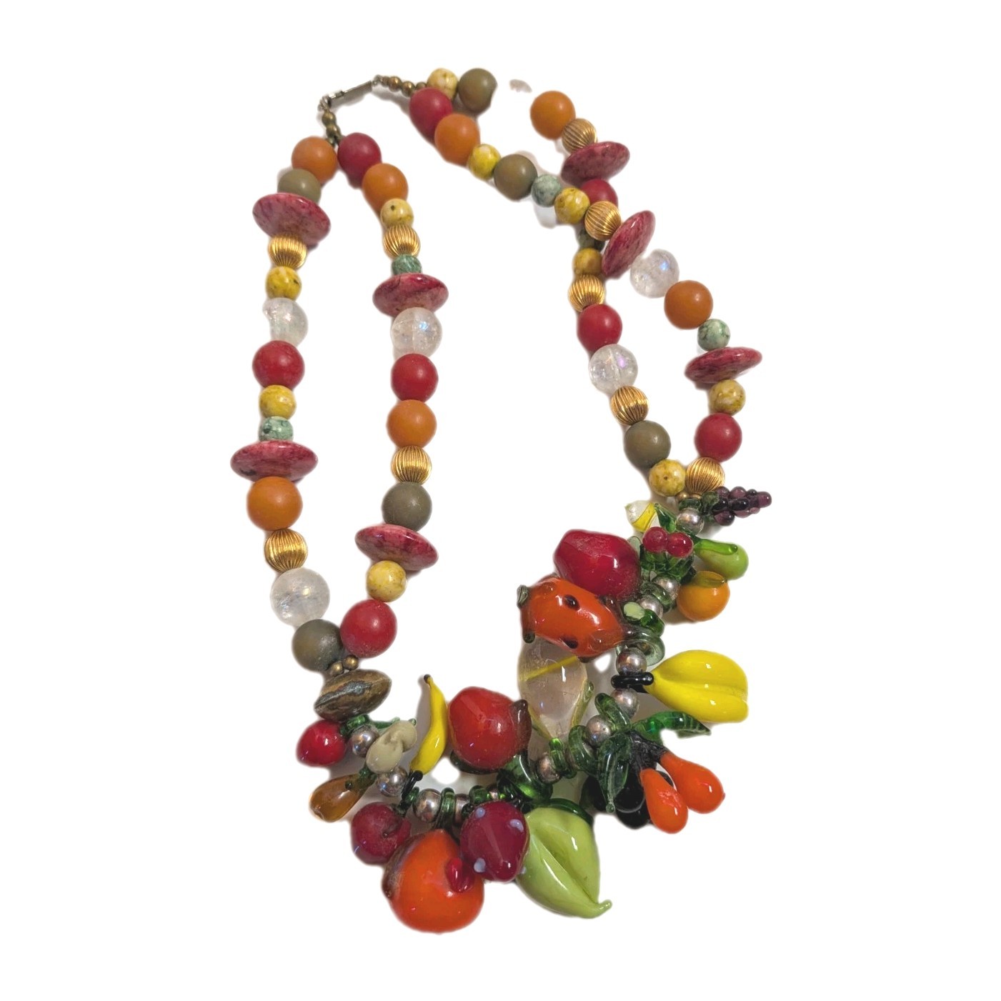 Vtg Fruit Salad Art Glass Fruit Dangle Charm Style Necklace Bananas Apple Grapes