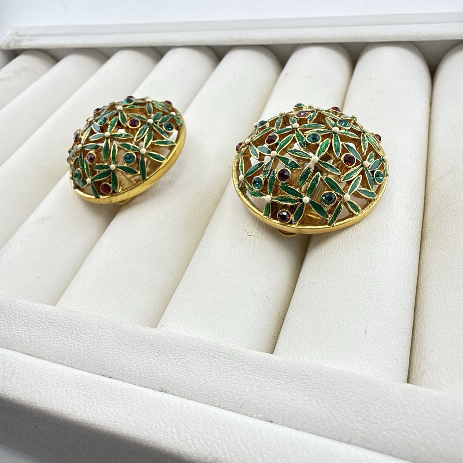 Joan Rivers Earrings Rhinestone Green Red Blue CLIP ON Enamel Jewel Gold Round