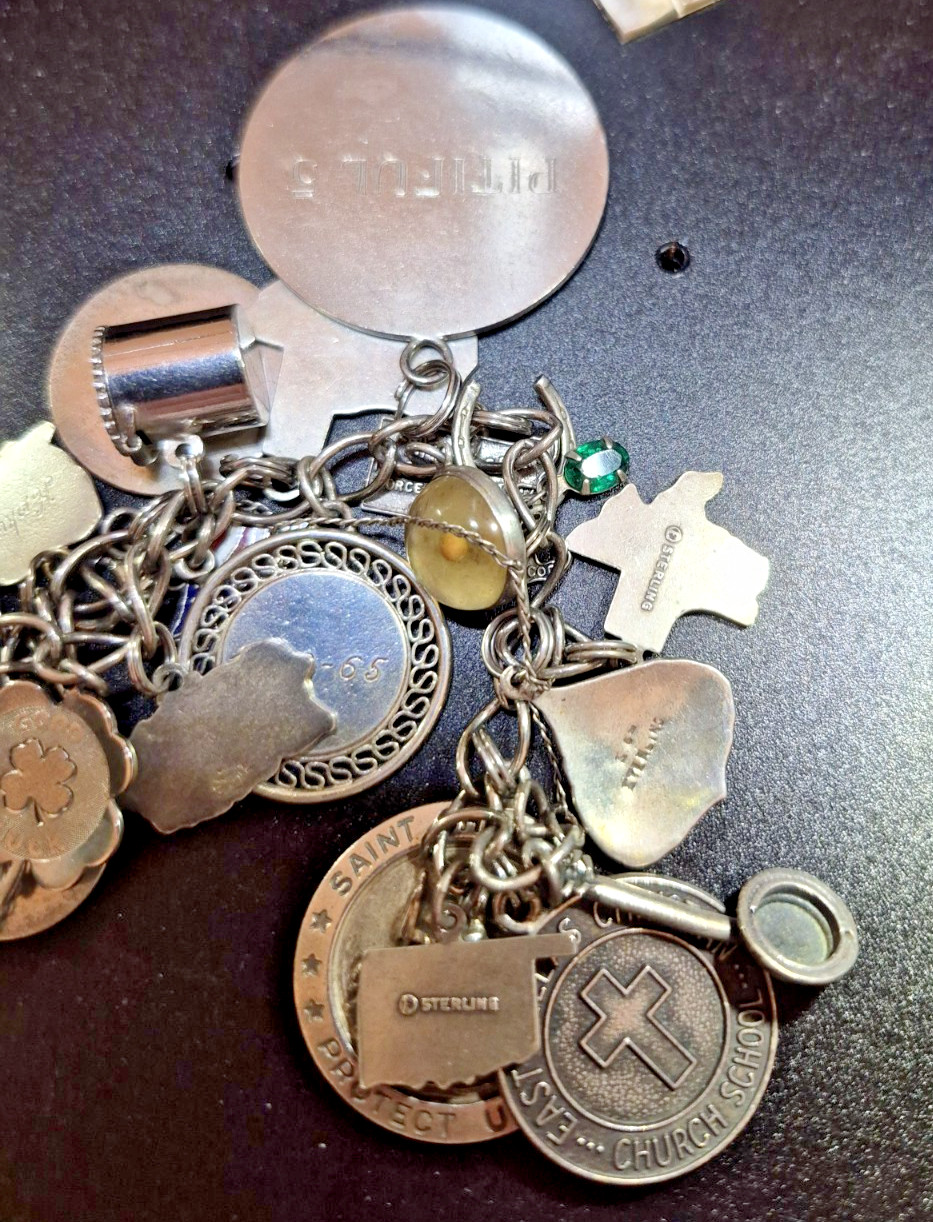 Vintage Sterling Silver LOVE Charm Bracelet w/ 23 RARE Charms 7–Dates 40’s-60’s