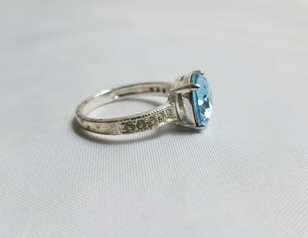 Vintage Women Silver Tone Blue Jewel One Stone Fashion Daily Engagement Ring