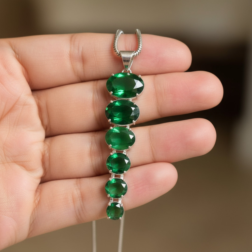Emerald Sterling Silver Pendant Necklace: Colombian Oval Gemstone, May Birthston