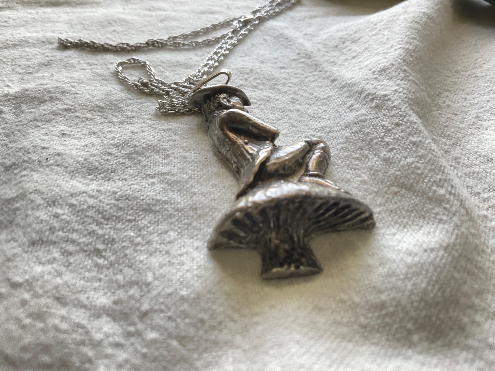 VINTAGE large LEPRECHAUN sitting on a mushroom STERLING SILVER PENDANT signed