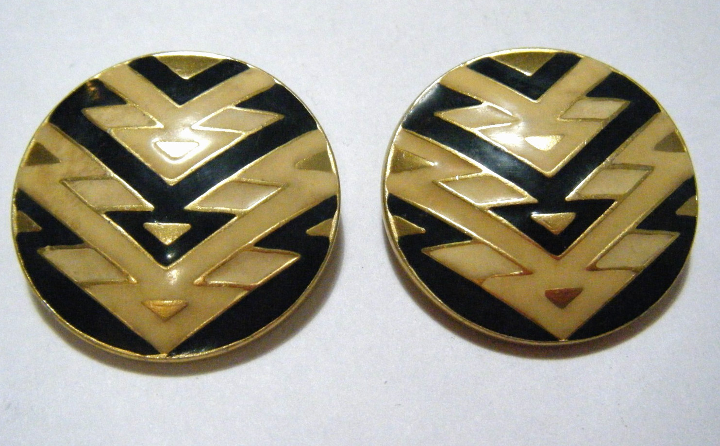 Vintage 80s Retro Orena Paris Gold ClipOn Large Button Earrings Geometric Enamel