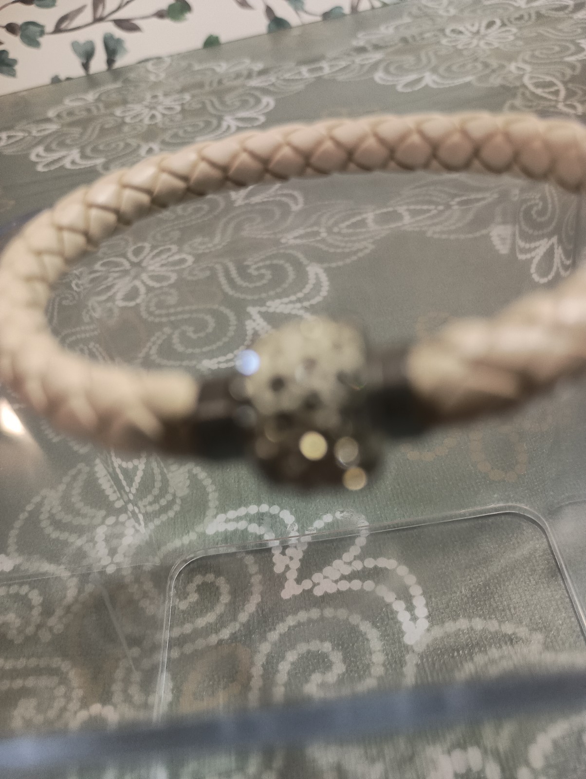 Vintage White Braided Leather Bracelet Crystal Rhinestone Bead Silver Tone Clasp