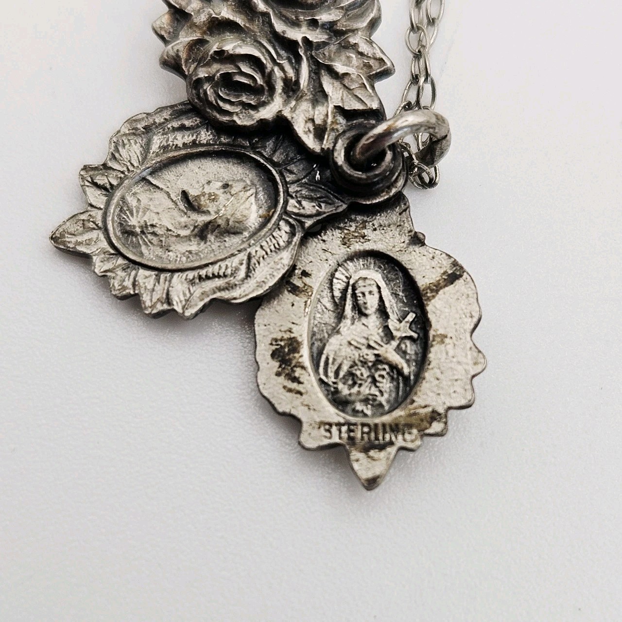 Sterling Silver Miraculous Mary Sliding Rose Pendant Medal Catholic charm