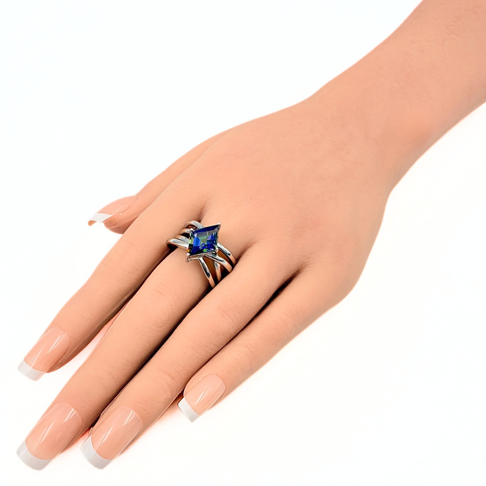Contemporary Marked Sterling Silver Lozenge Cut Mystic Topaz Ring Sz 10