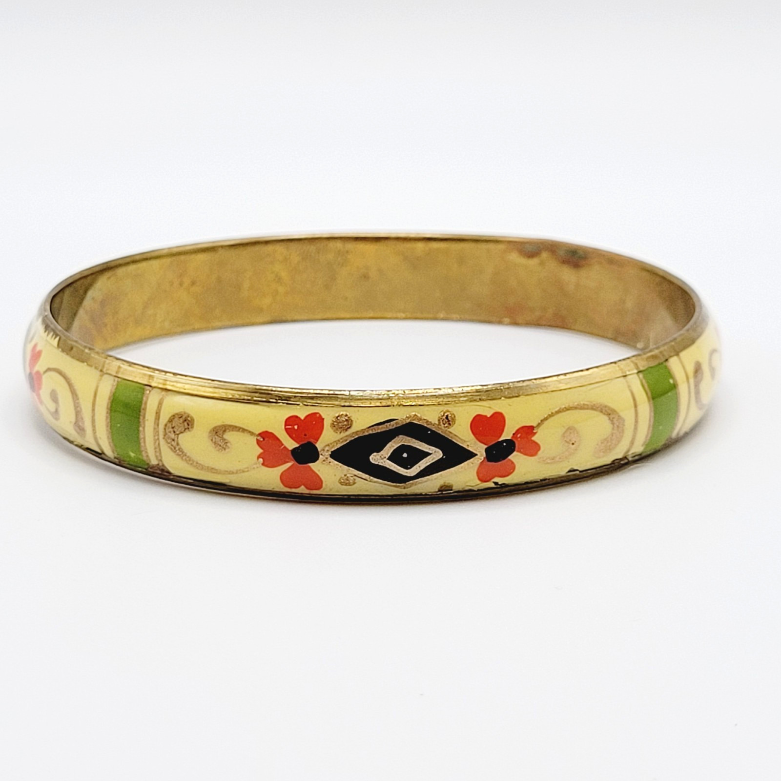 Hand Painted Cream Green Gold Enamel Vintage Bangle Brass Tone Bracelet 9 Inch