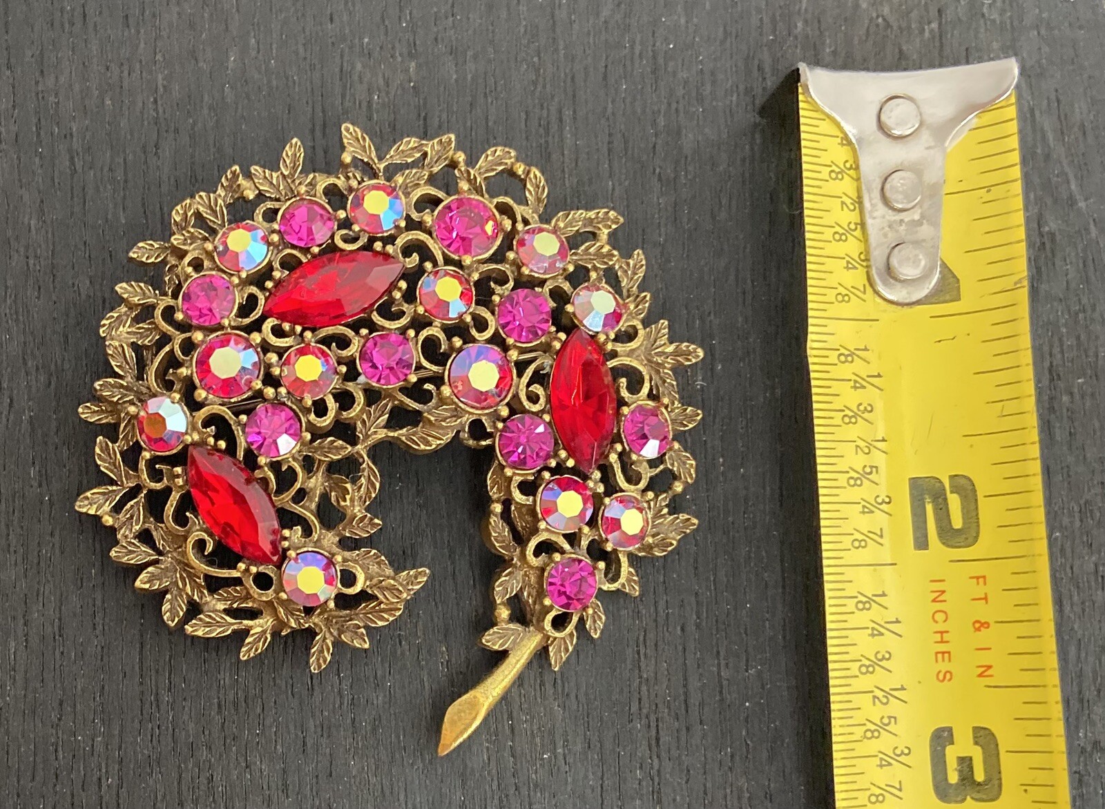 Vintage Emmons Brooch Fuchsia Aurora Red Rhinestones Pin