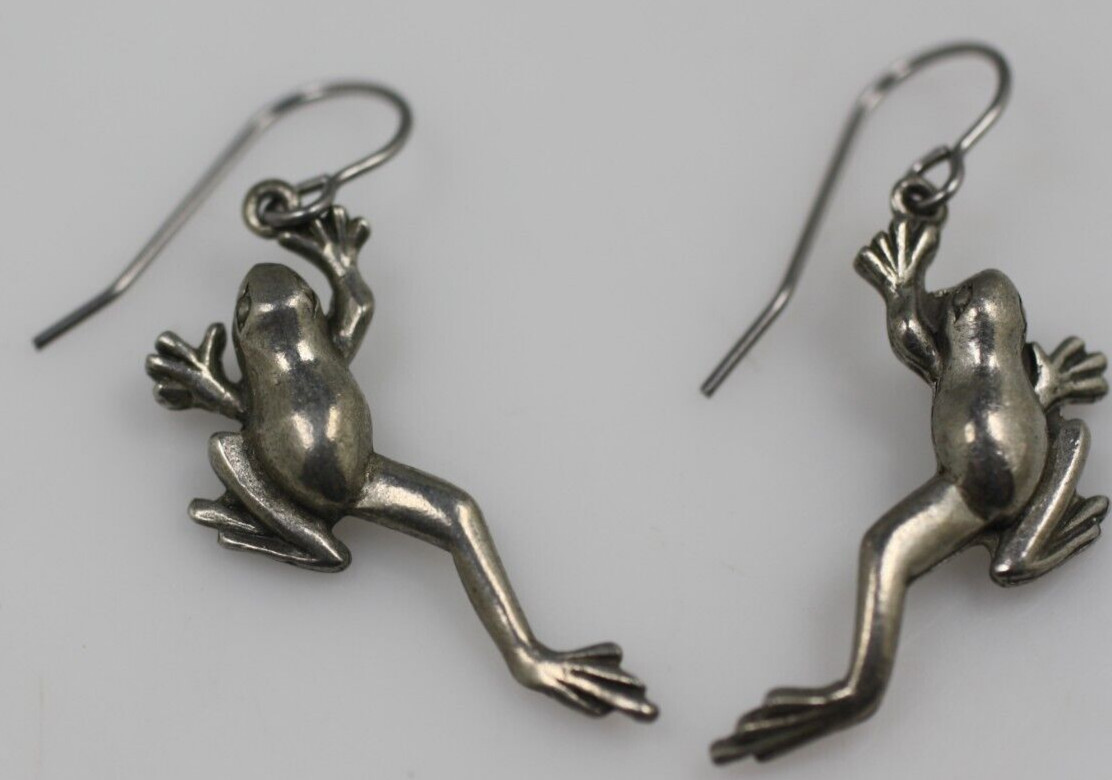 Jim Clift Pewter french Hook jumping tree frog drop dangle Pierced Earrings