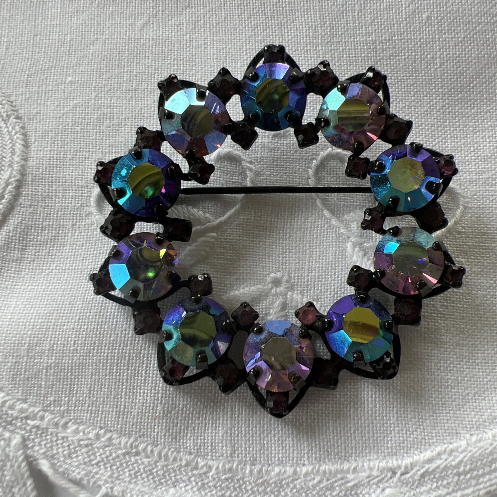 Vintage Joseph Warner Signed Pinks & Purples AB Rhinestone Brooch 2” Rd