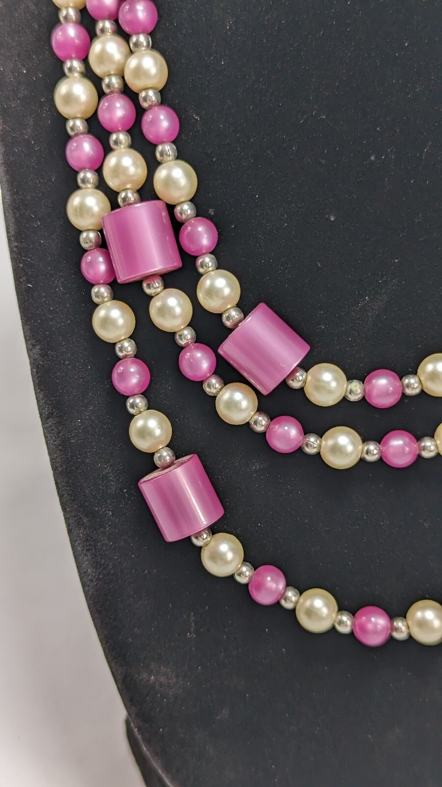 Vintage Opera Length Bead 54″ Necklace Pink Purple Faux White Pearl Silver Tone