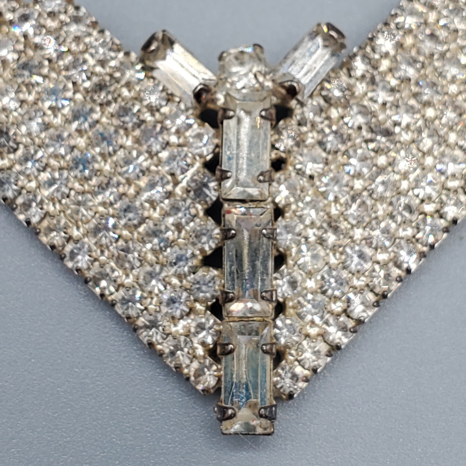 Estate Rhinestone Necklace Cup Chain Round And Emerald Cut Large V 16″