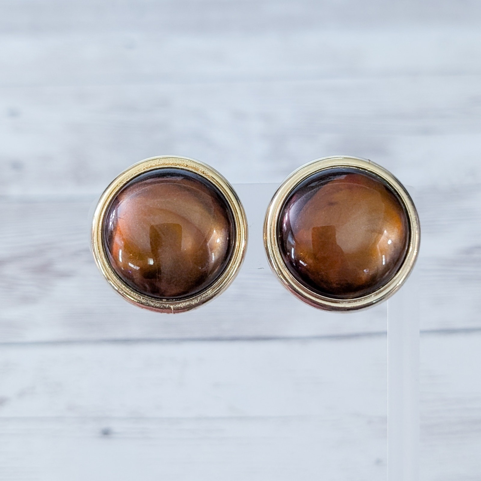 Vintage Clip On Earrings Large Shiny Brown with Gold Tone Halo 1 & 1/8″