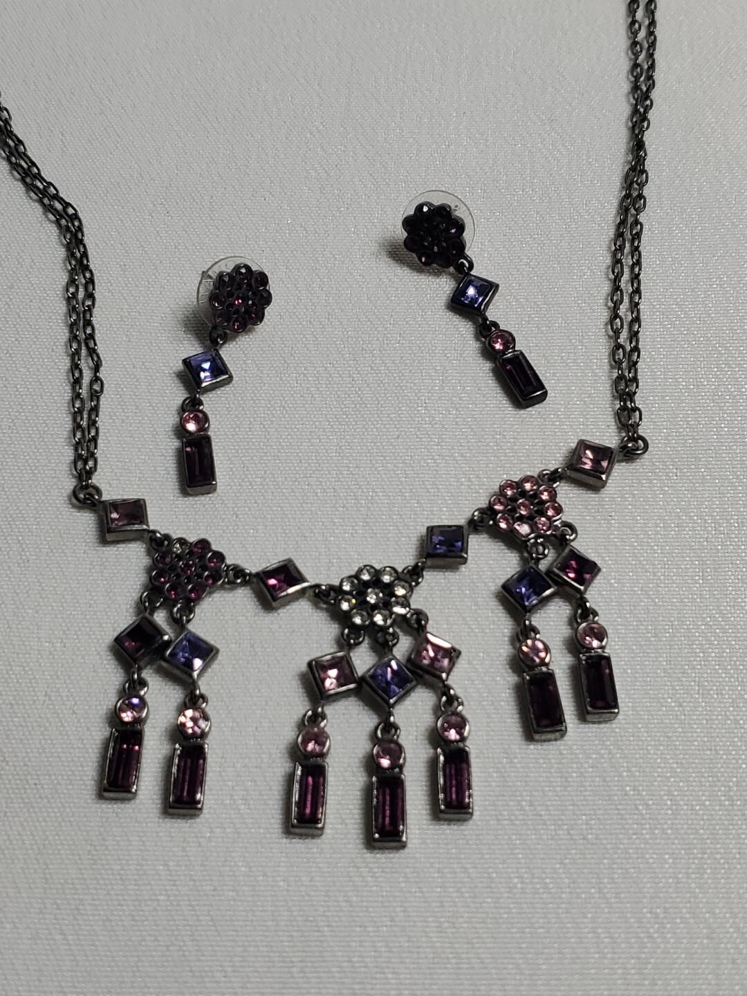 Roman Multicolor Necklace Earring Pinks & Purples Glass Bagettes