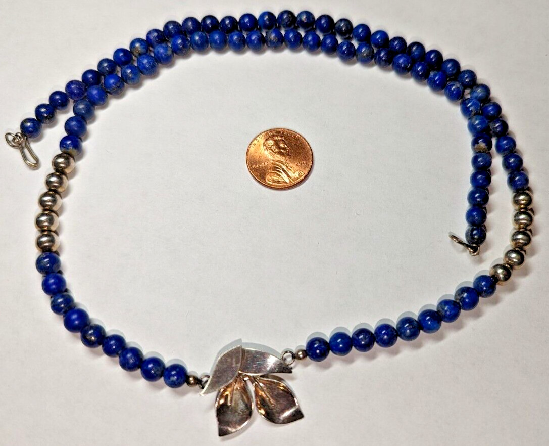 VINTAGE LAPIS LAZULI NECKLACE ABOUT 22 1/2″ LONG STERLING SILVER HALLMARKED