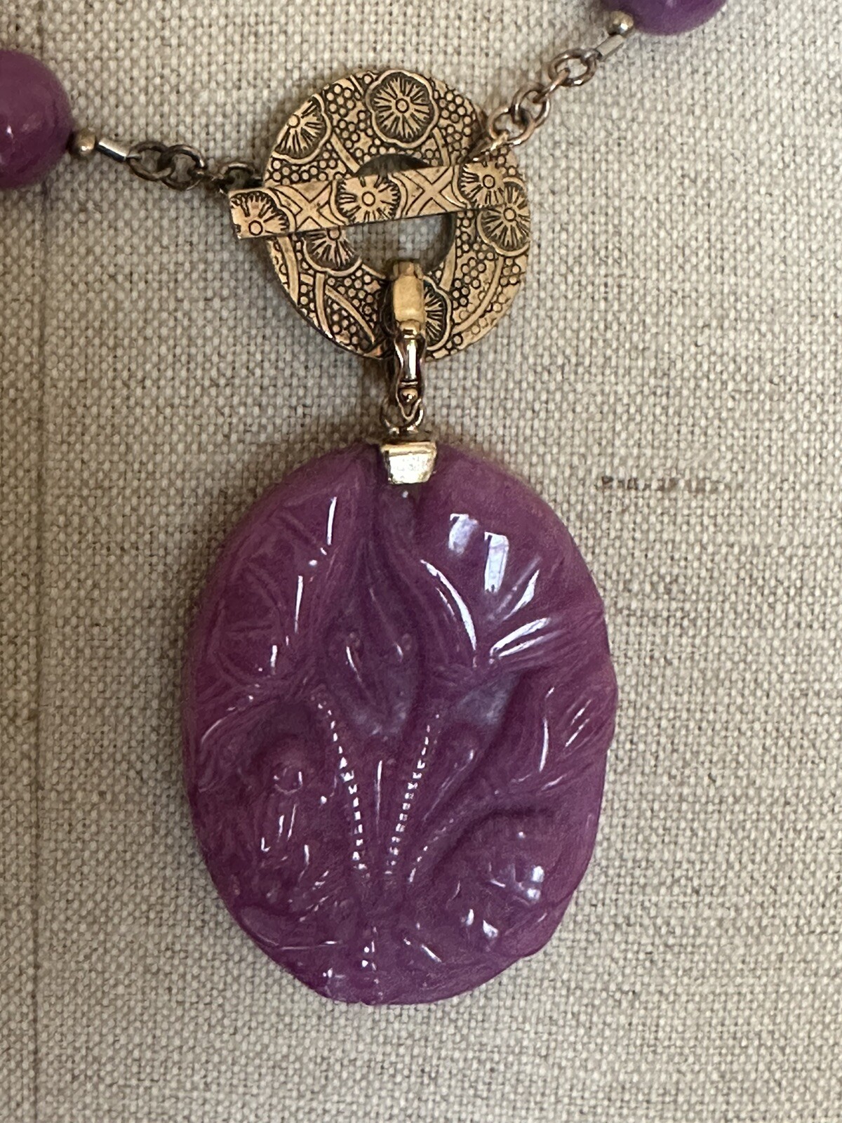 Vintage Amy Kahn Russell Purple Jade Lily Pendant Beaded Necklace