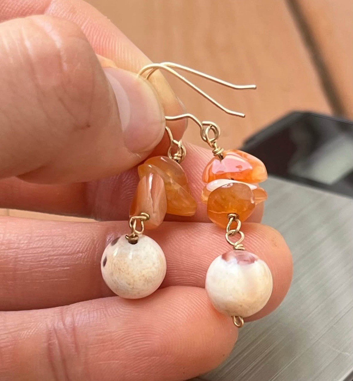 14K GF 🍊 Orange Cream Marble Dangle Gemstone Vintage Gold Filled Earrings