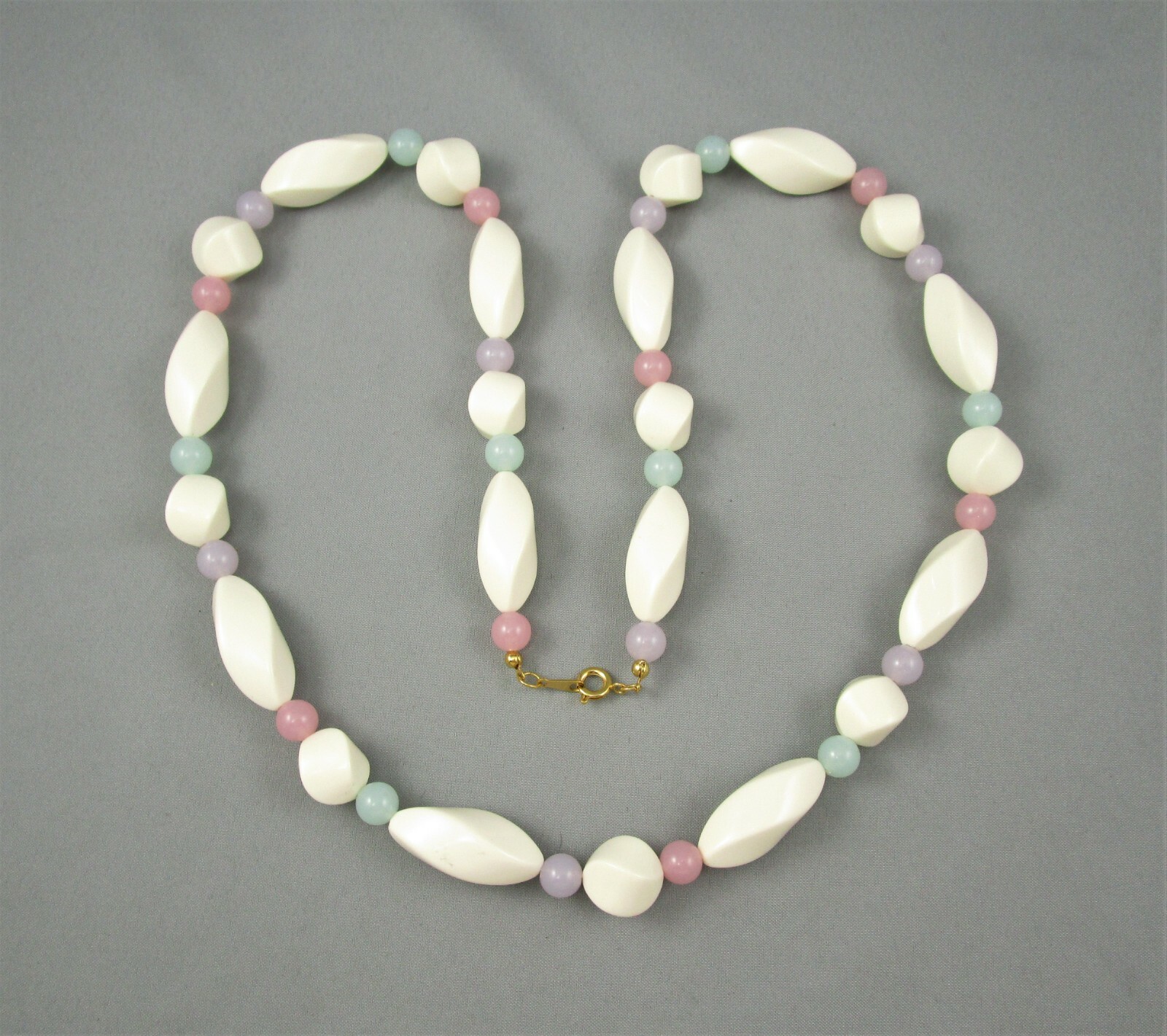 Vintage Well Made Cream pink, Green Purple Beaded Necklace #5208