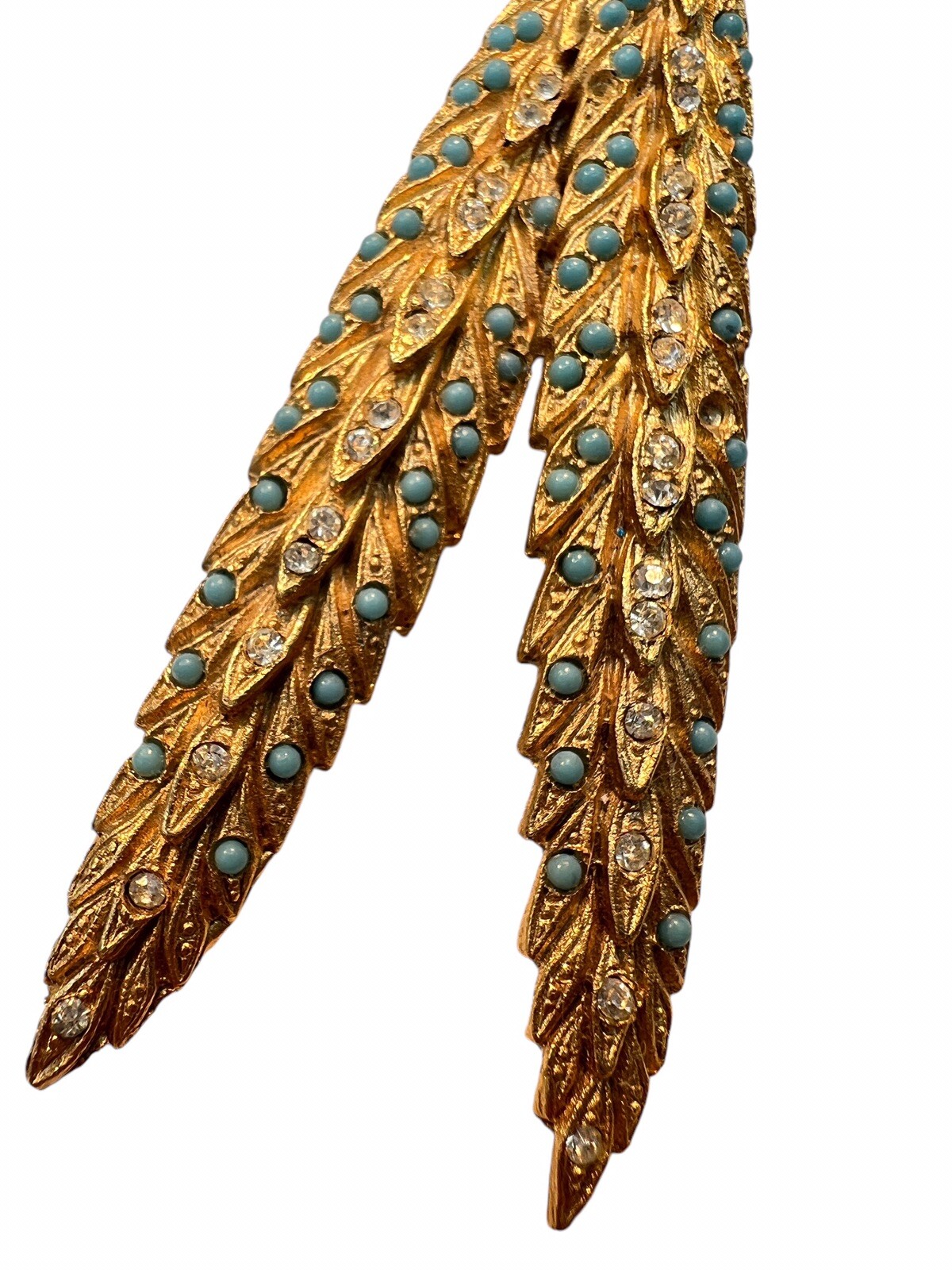 Rhinestone Brooch Faux Turquoise Leaves Feathers Gold Tone Textured READ A3