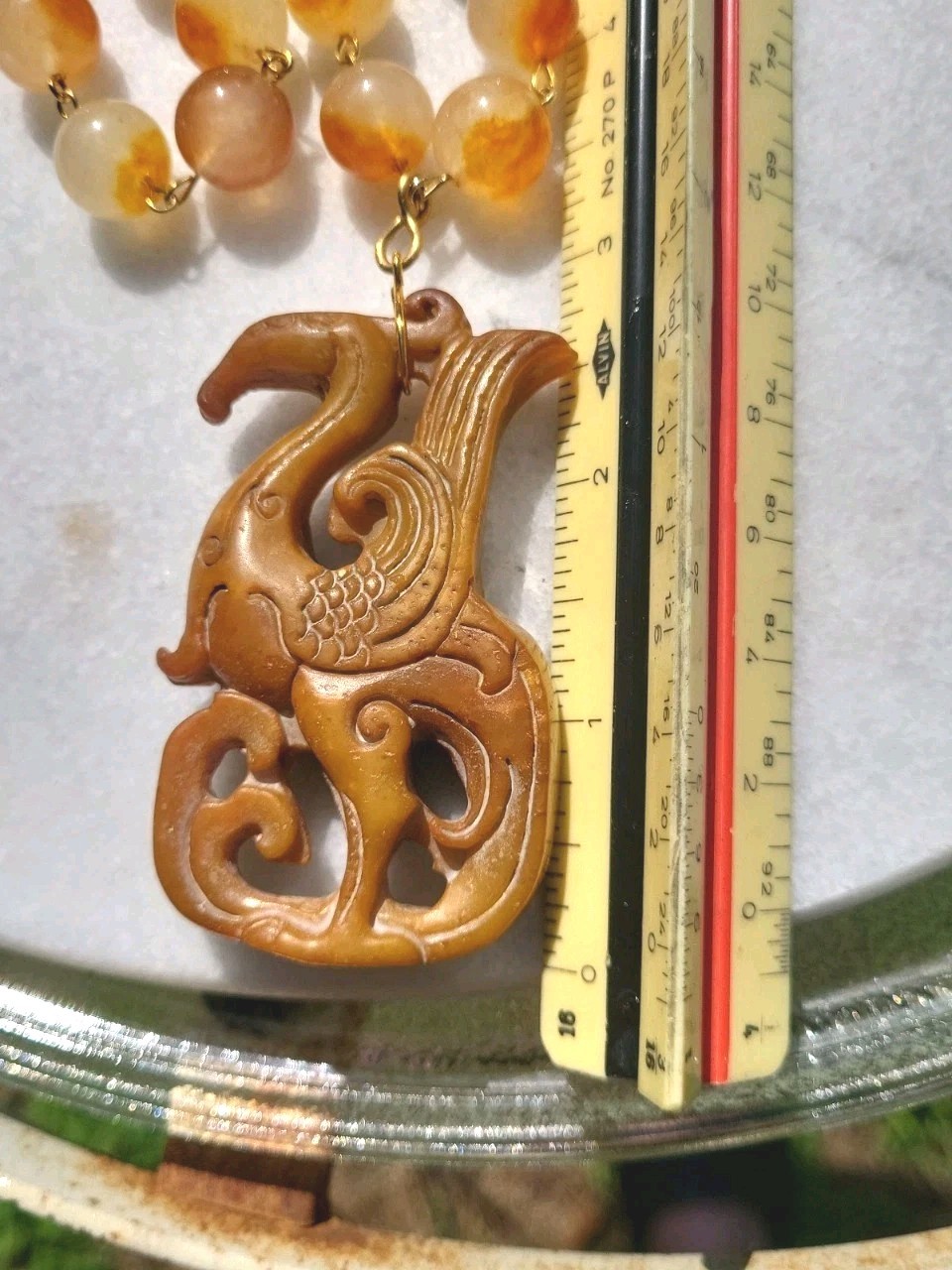 VINTAGE CARVED JADE PHOENIX DRAGON PENDANT JADE GEM BEAD WIRE NECKLACE SET OOAK