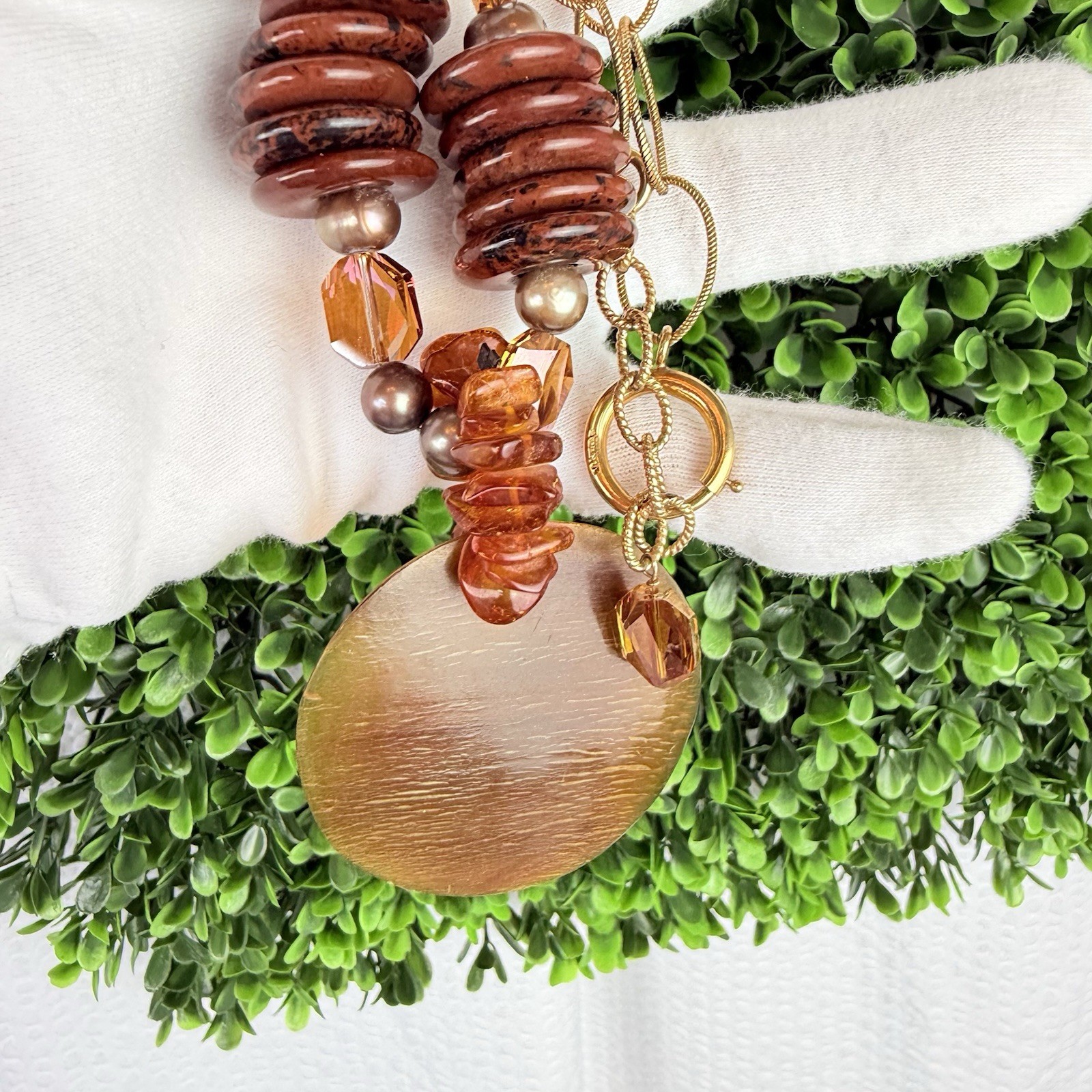 Vintage 14K Gold Filled Baltic Amber Pearl Chunky Chain Link Pendant Necklace