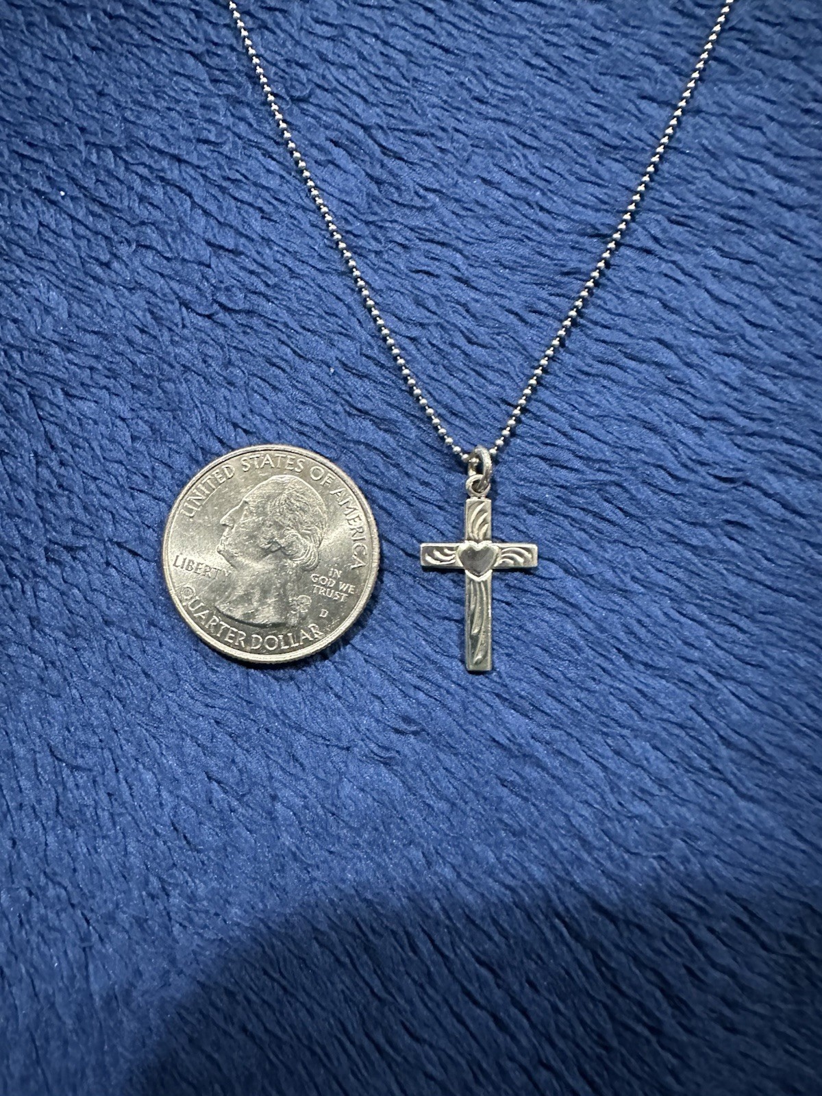Vtg Sterling Silver 925 Heart Etched Cross Pendant Necklace, 15-17in Long