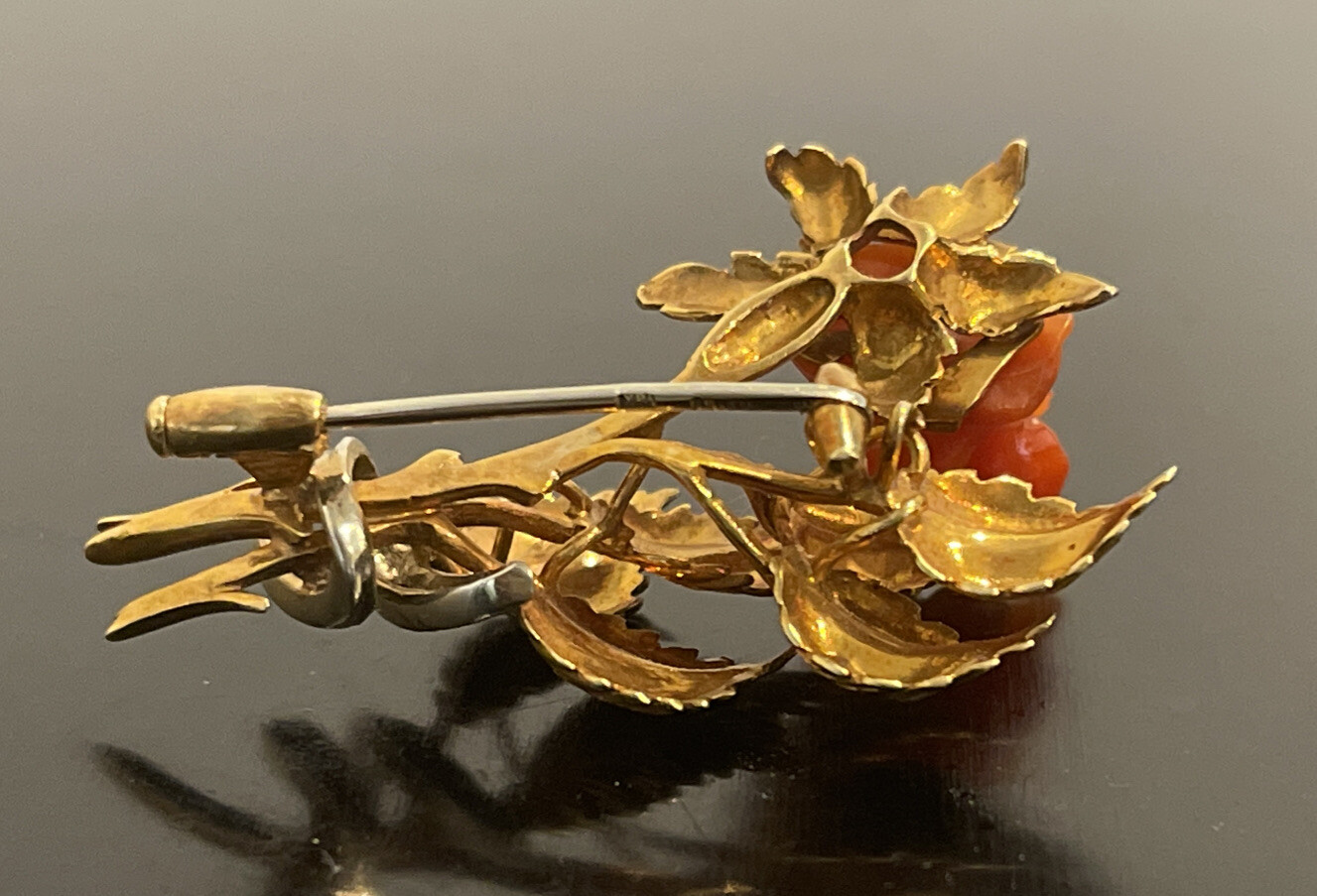 18K Solid Yellow White Gold Viennese Coral Carved Rose 1.75” Long 10.43g