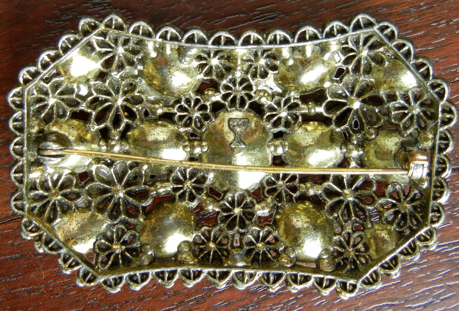 Vintage Filigree Brooch Pin Signed NE (New England Glass Works) Blue Rhinestones
