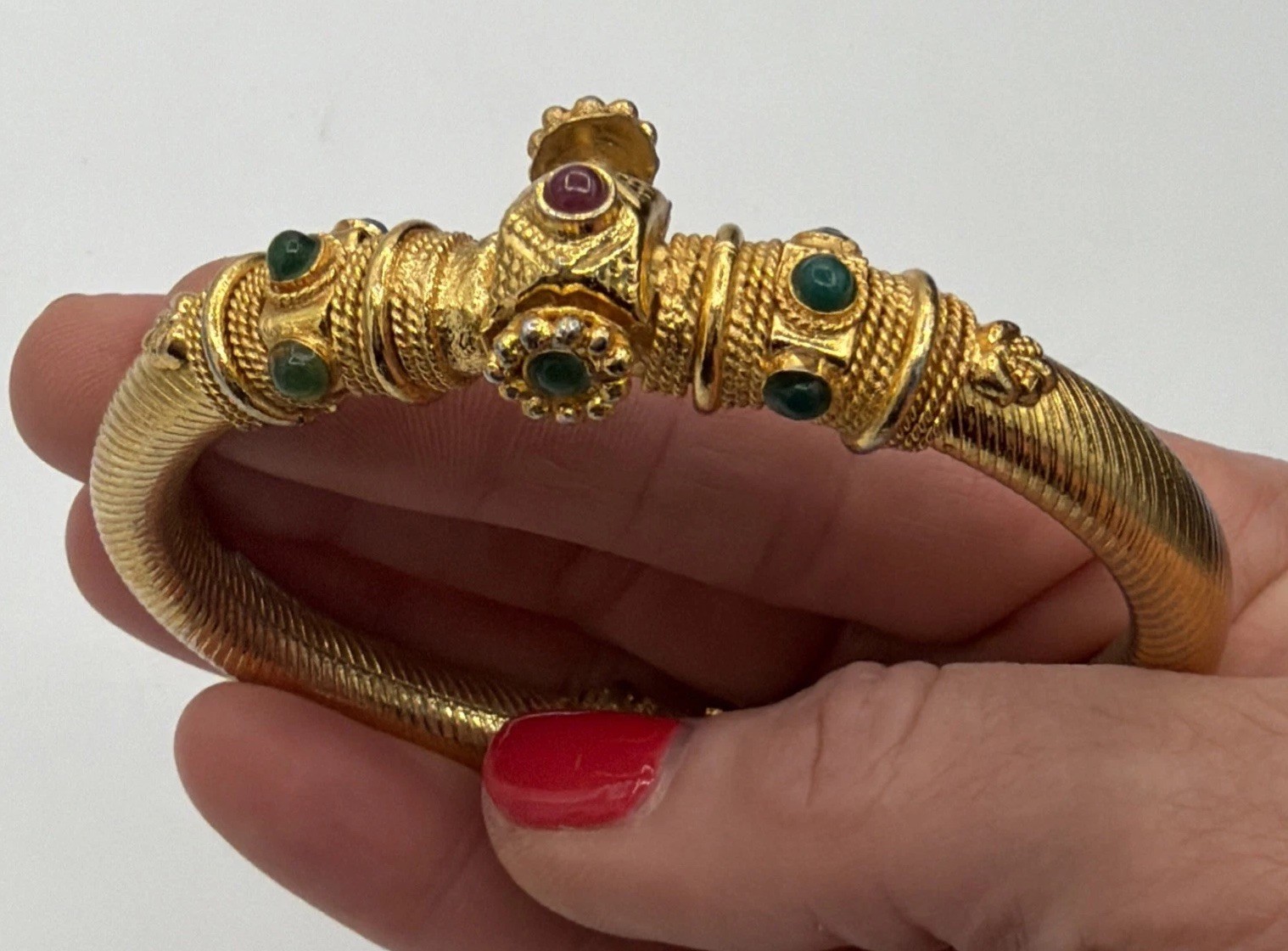 Vintage 18K Gold Plated Bracelet Ornate Green & Red Gemstone Design Elegant