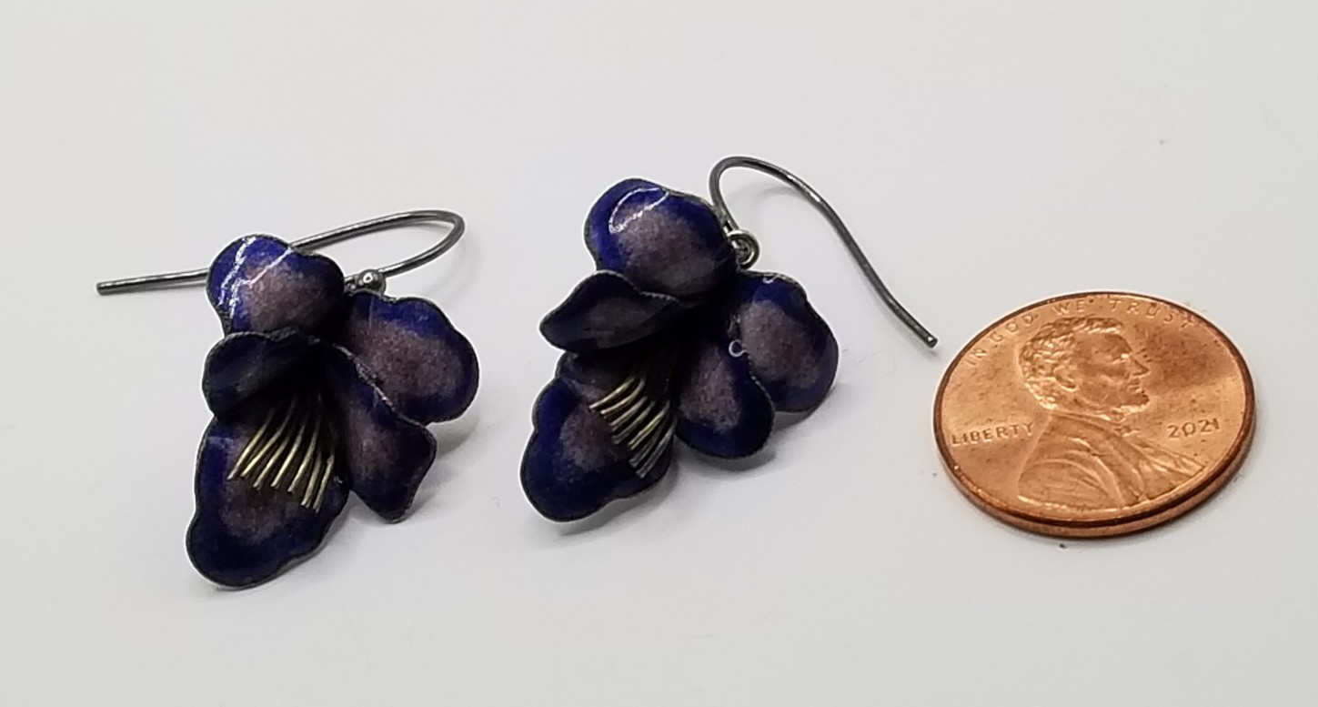 Vtg 925 Sterling Silver Purple & Blue Enameled 3D Pansy Flower Dangle Earrings