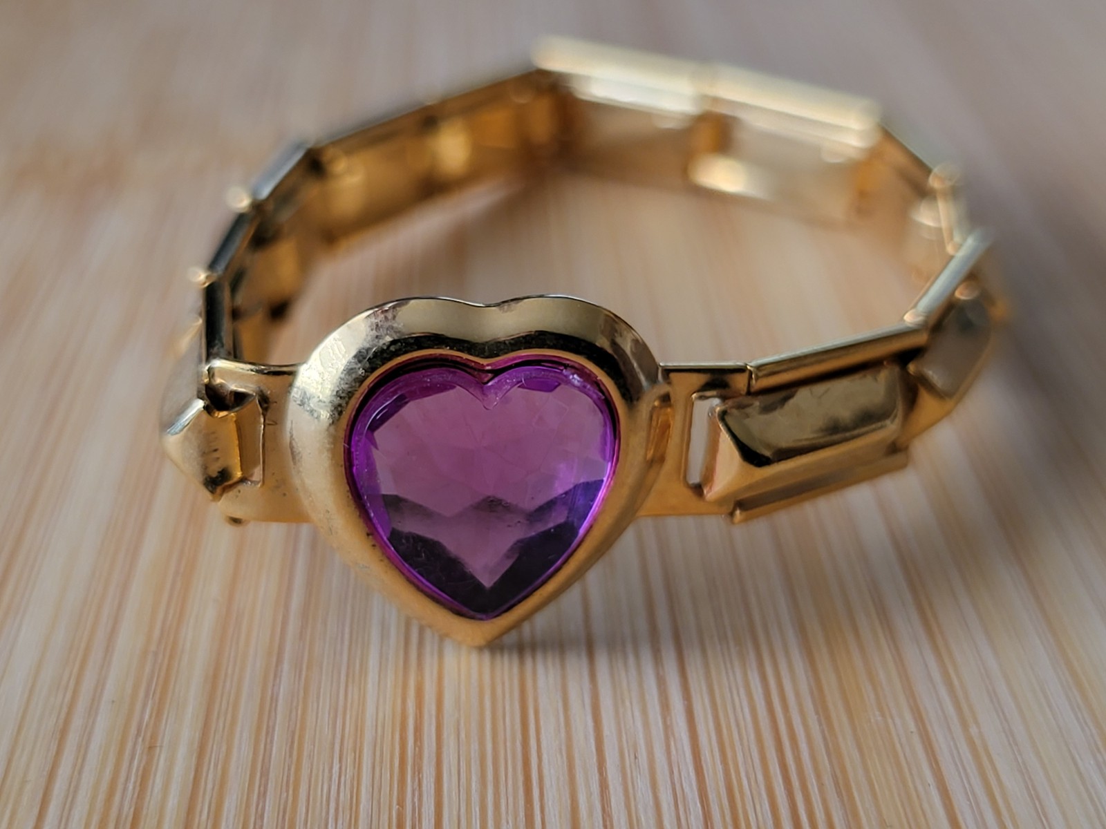 Vtg Sweetheart Bracelet Purple Heart Crystal Expanding Childs Bracelet 5″ to 5¾”
