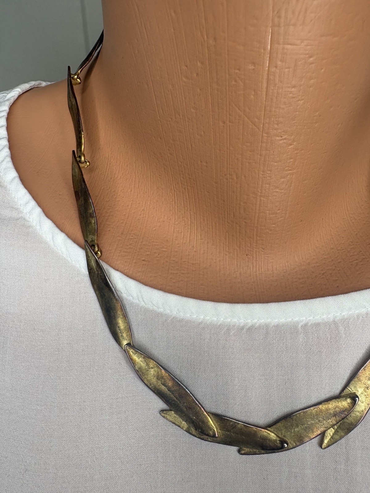VTG Virginia Parissi Brutalist Leaf Necklace Earrings Set Bronze Tone Modernist