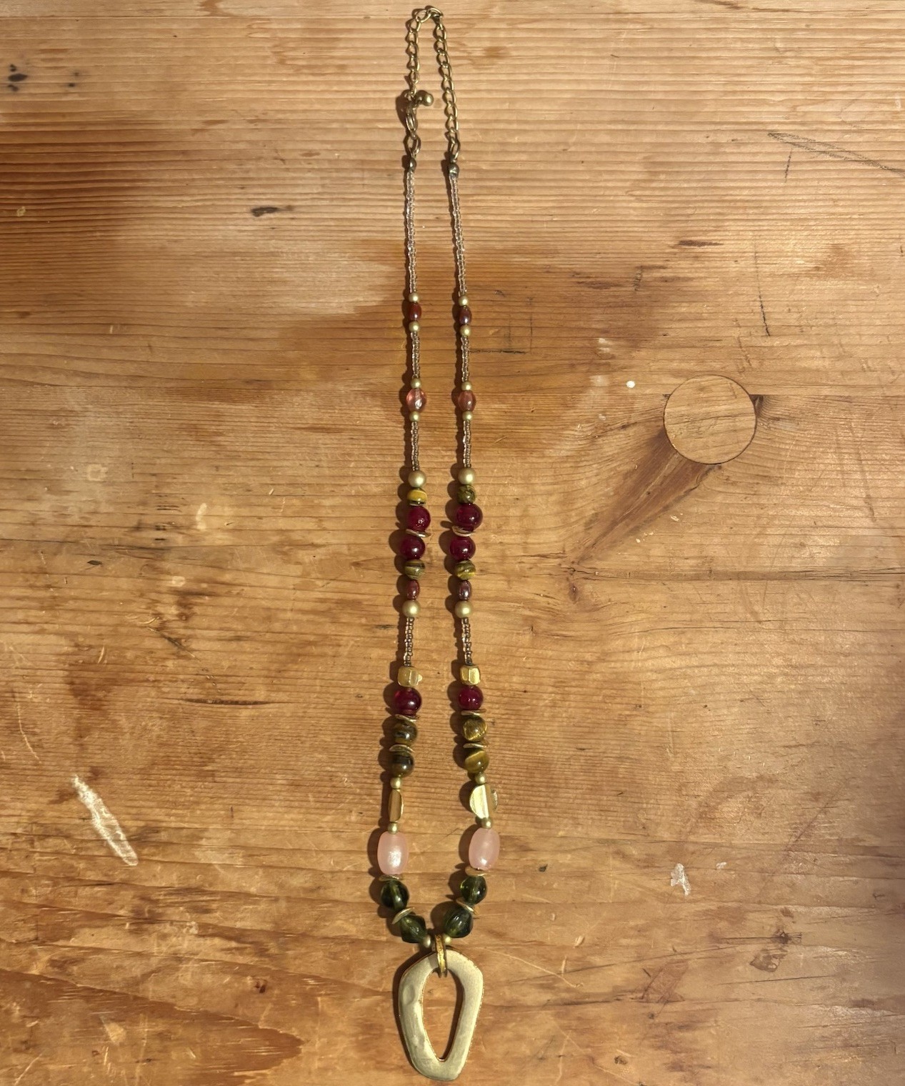 Boho Vintage Beaded Necklace Rose Quartz Tiger Eye Glass Brass Pendant Handmade