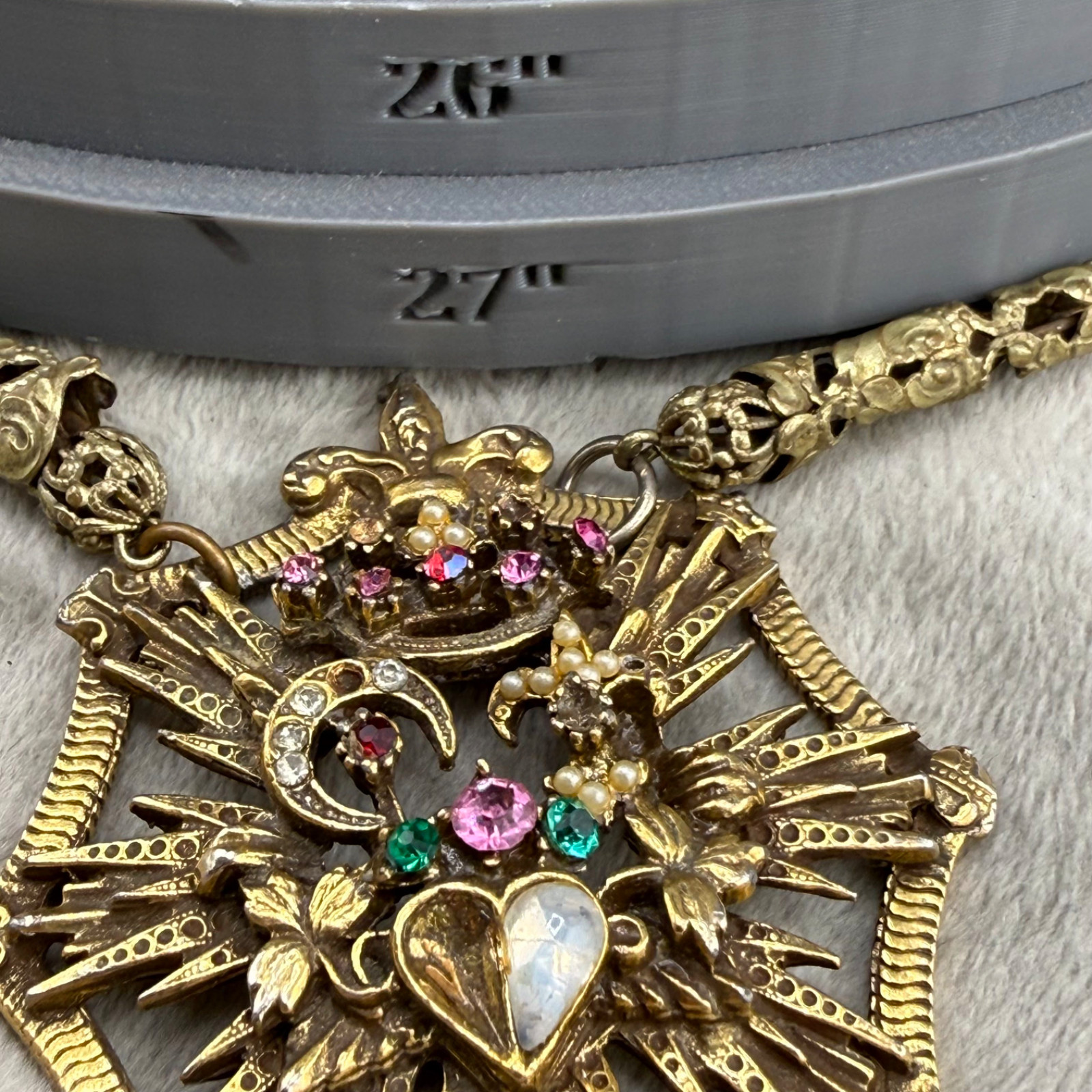 Vintage Masonic Medallion Necklace Gold Tone Filigree Chain Rhinestone READ 28”
