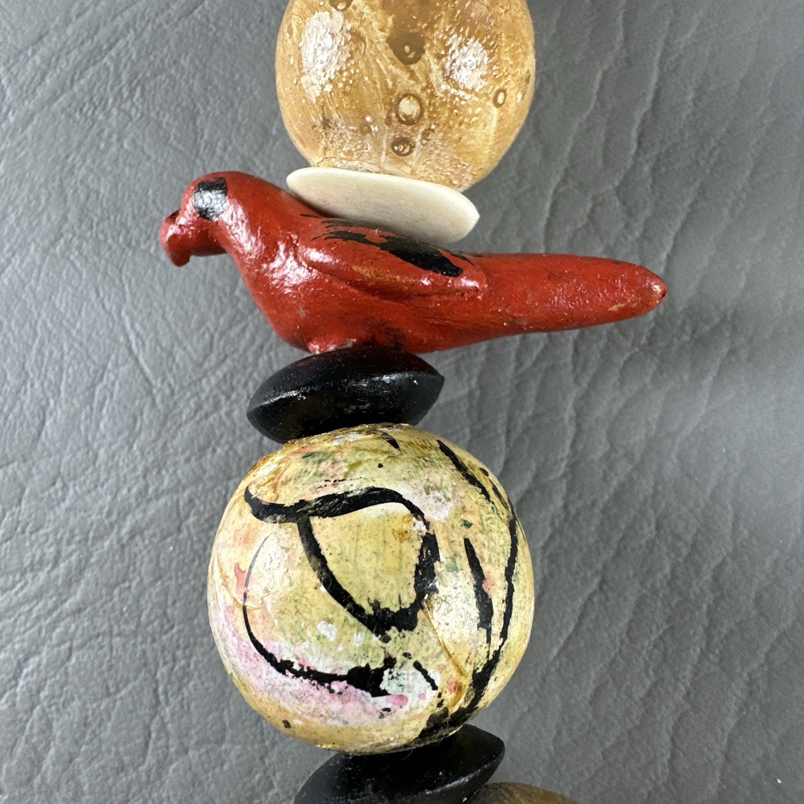 Vintage Hand Painted Necklace Bird Bead Artisan Wood 27”