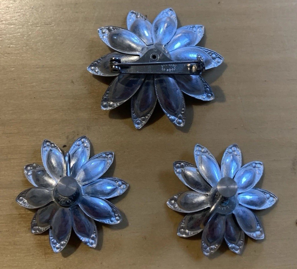 Vintage Made In Germany Brooch And Clip On Earrings Black With Rhinestone Center