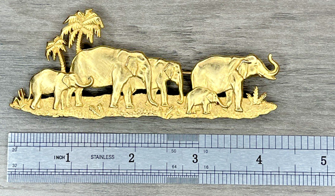 Vintage Huge JJ Jonette Elephant Family Walk Palms Safari Pin Brooch Gold Tone