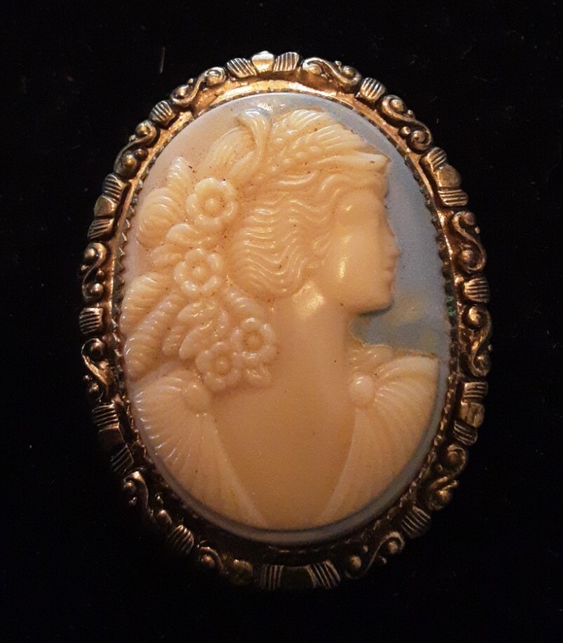 Gold Tone Blue Cream Female With Flowers In Her Hair Cameo Brooch Pin