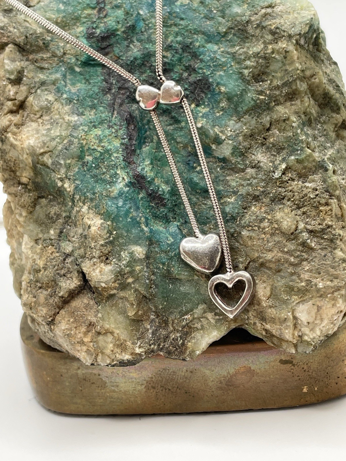 925 Italy Sterling Hearts Dangle Drops Necklace Snake Chain 16” Estate Vintage