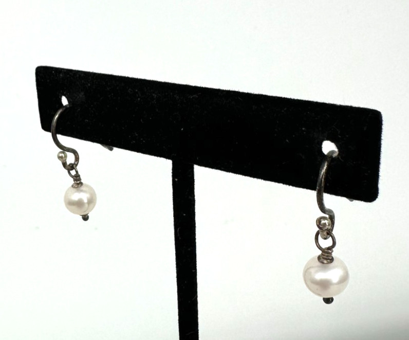 Vintage Faux Pearl Drop Earrings Silver Tone Minimalist Dangle Classic Small