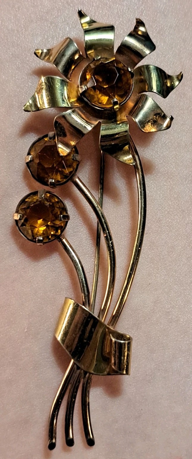 Huge 4″ Sterling Silver Gold Wash Flower Brooch Pin Amber Citrine Glass 16 Grams