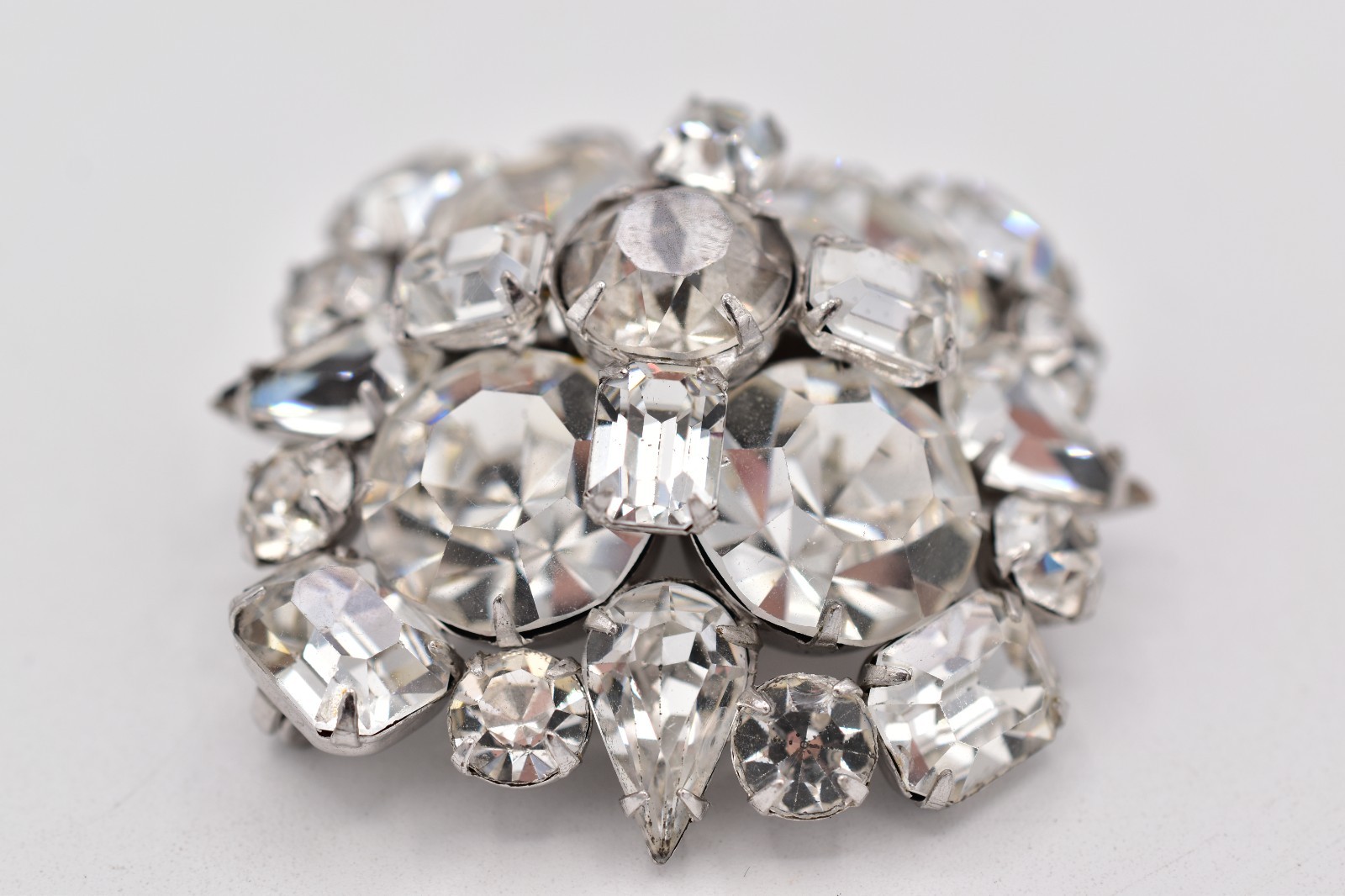 Vintage Clear Rhinestone Cluster Brooch Pin Silver Prong Baguette Crystal BinBP