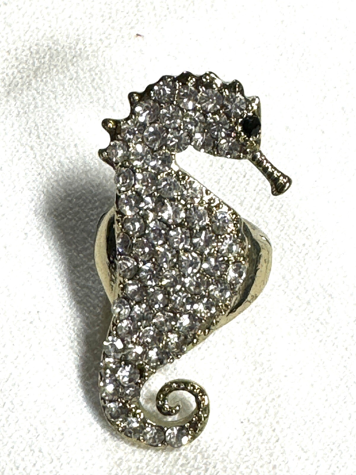 Seahorse Gold Tone Crystal Rhinestone 7.5 Ring Stretch Band 2”