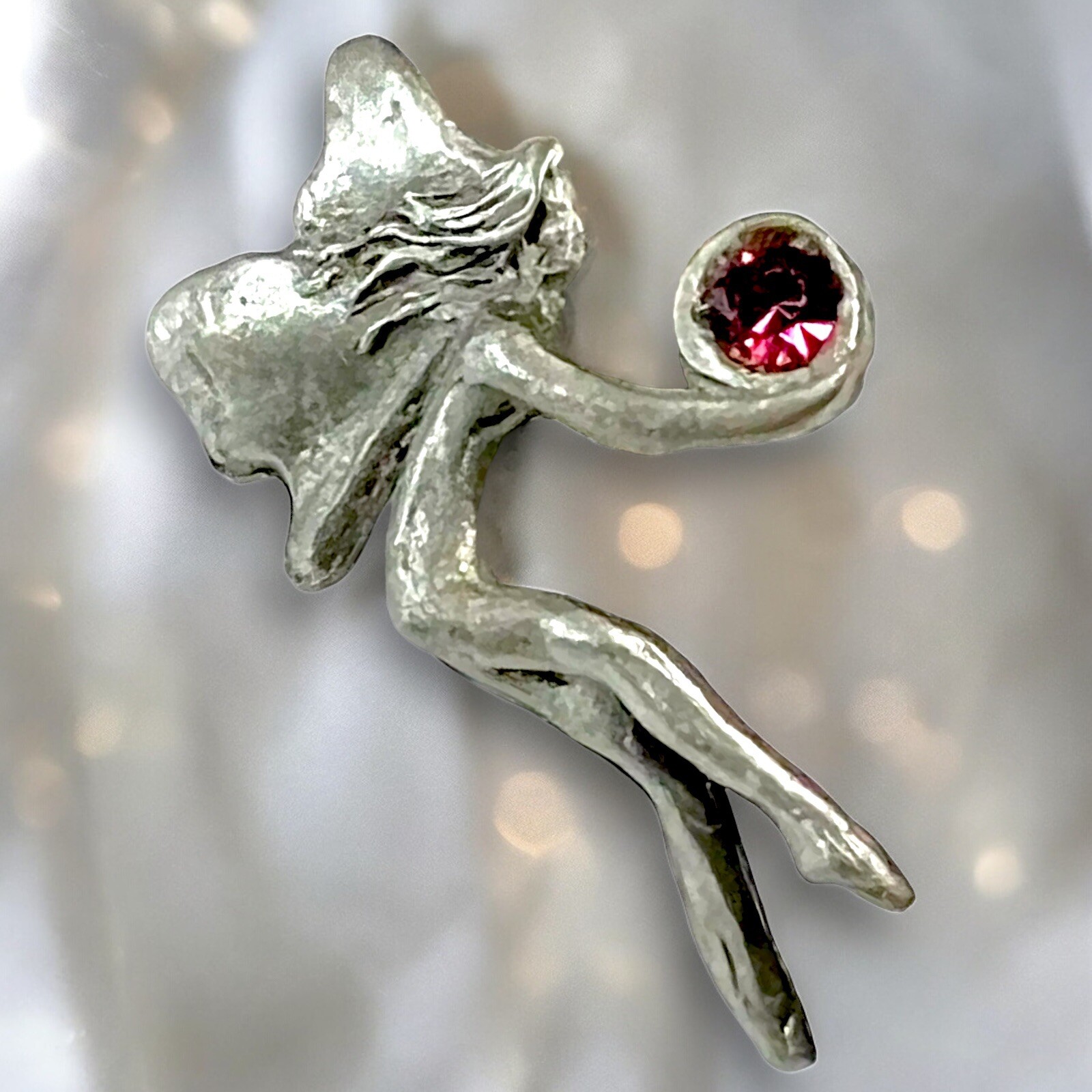 Crystal Fairy Pin Pewter Amethyst Crystal Signed Dated 90s Whimsical Vintage 1”
